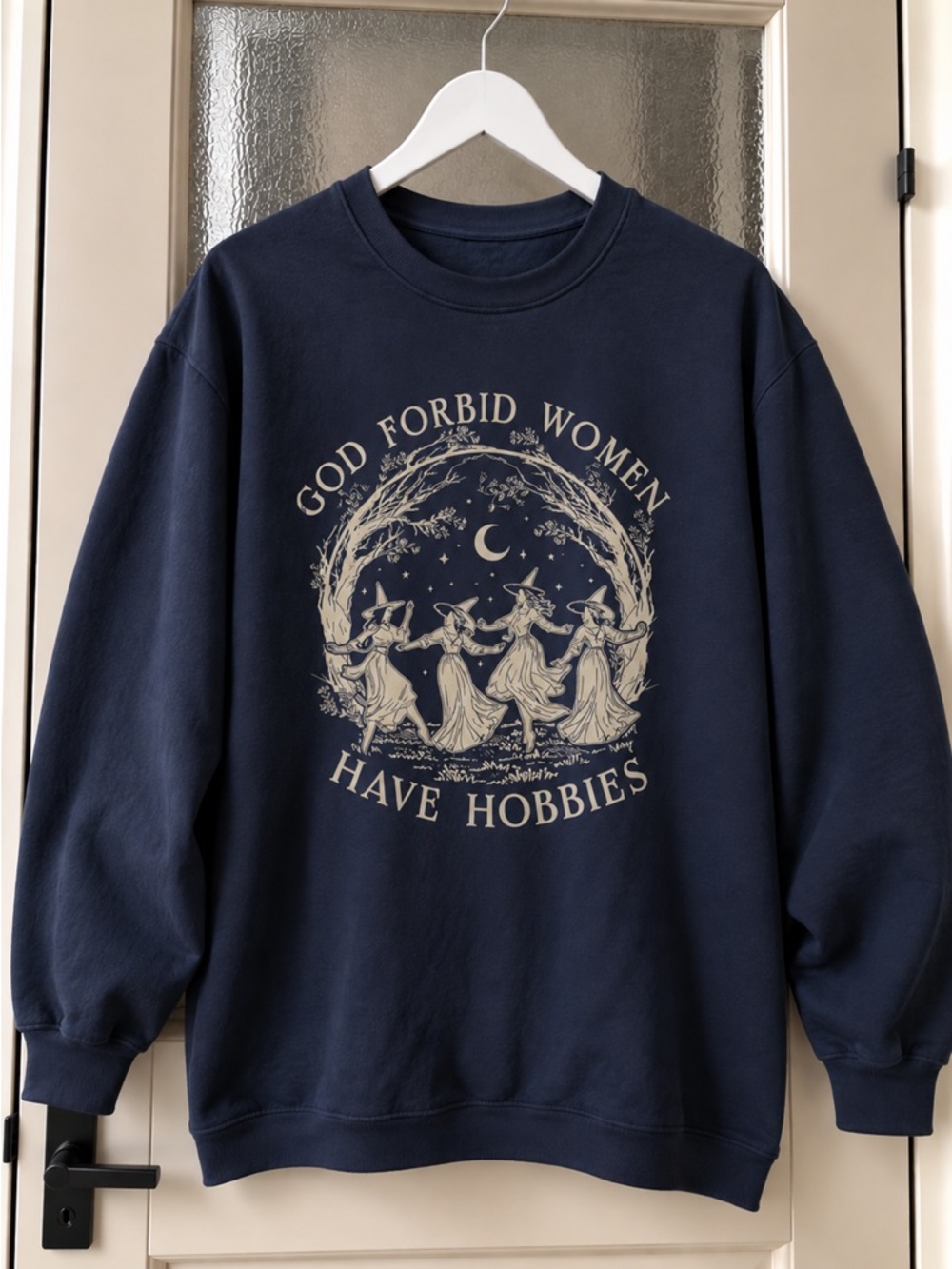 God Forbid Women Witches Circle Dancing Under Moon Graphic Navy Sweatshirt